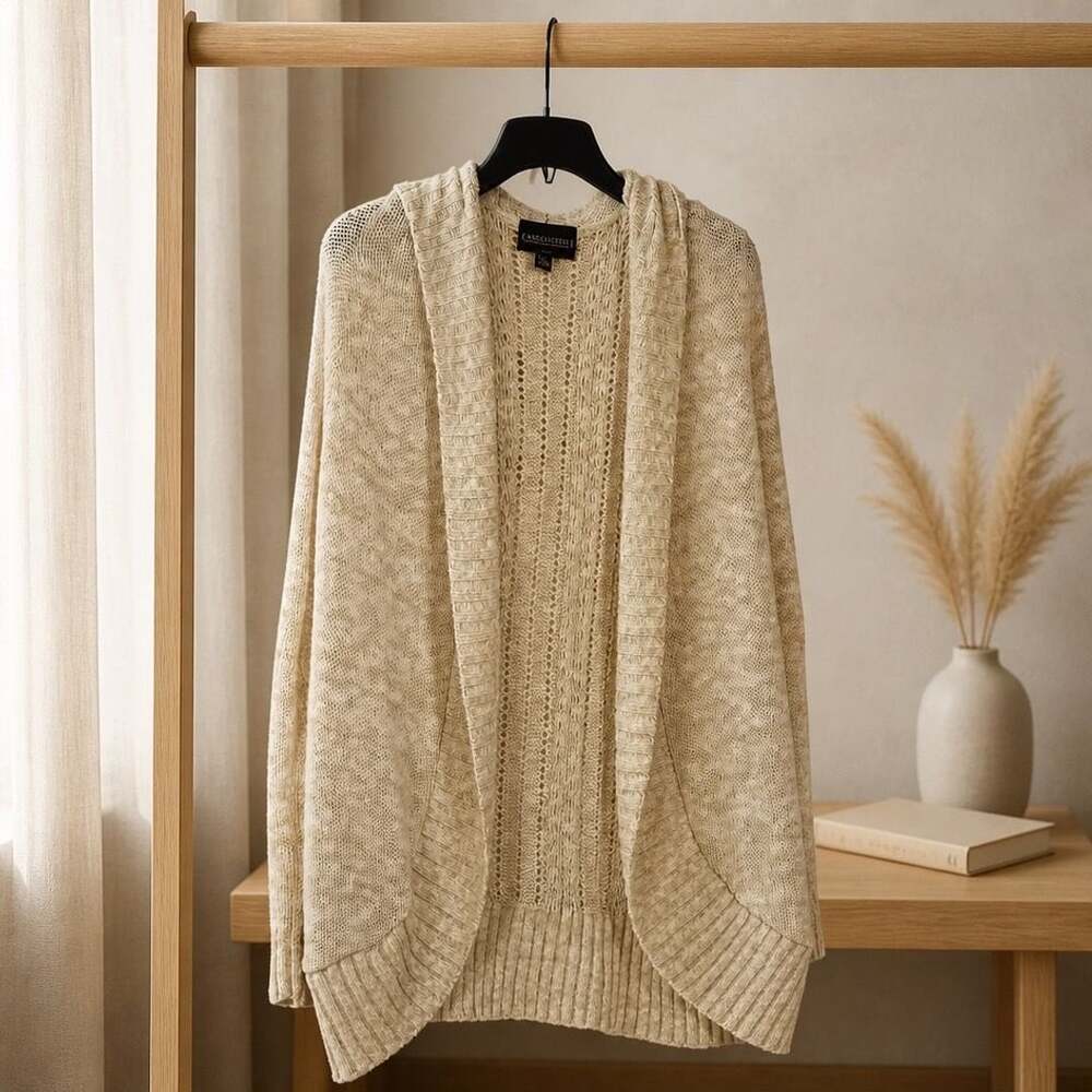 Absolutely Creative Worldwide Women's Open Front Hooded Knit Cardigan Beige 1X